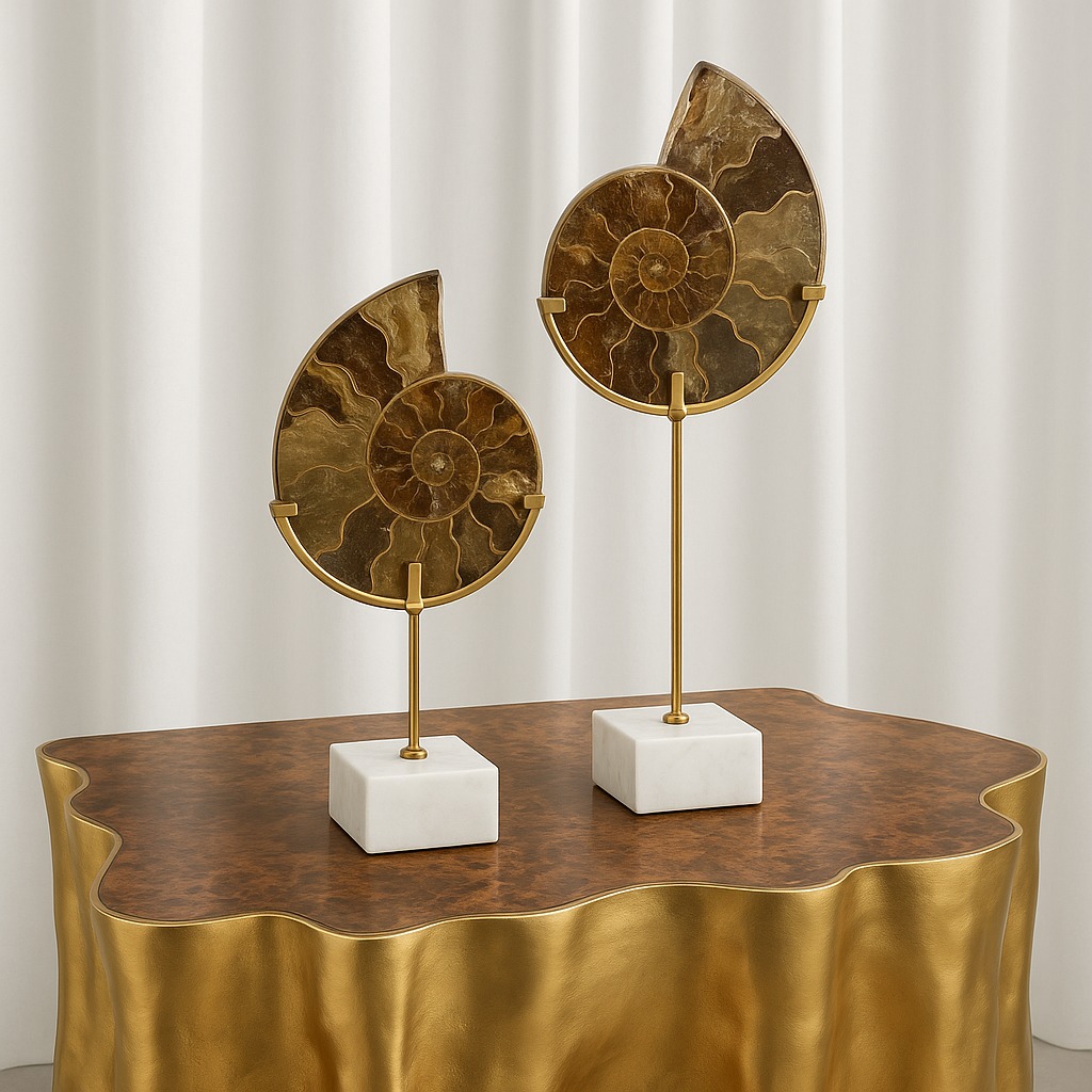 Golden Fossil Form – Contemporary Nautilus Artefact Set - Image 2